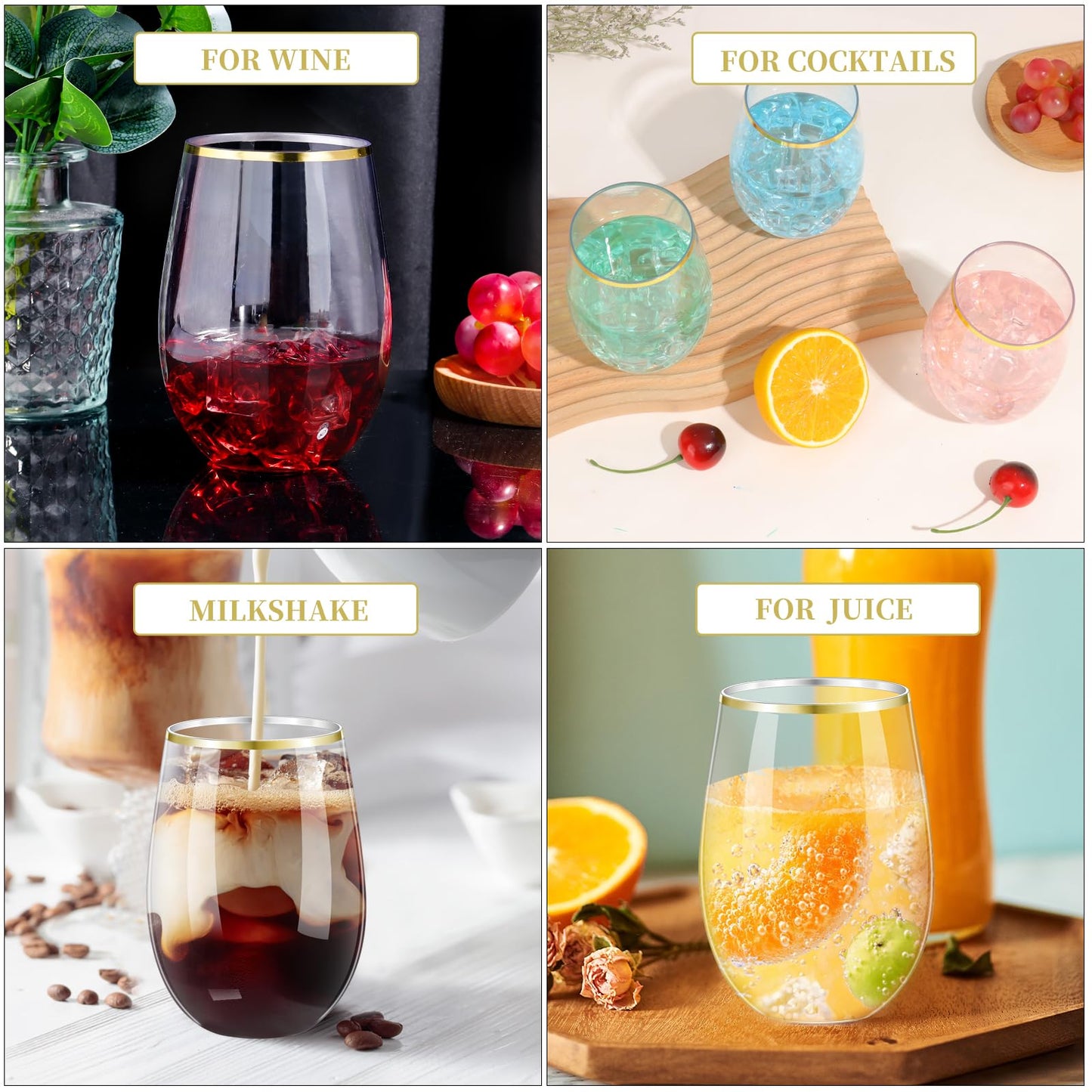 20 Pack Plastic Stemless Wine Glasses, 16 OZ Plastic Wine Glasses Disposable Unbreakable Plastic Wine Cups Reusable Clear Acrylic Drinking Party Glass Bulk Shatterproof for Champagne Wedding(Gold Rim)