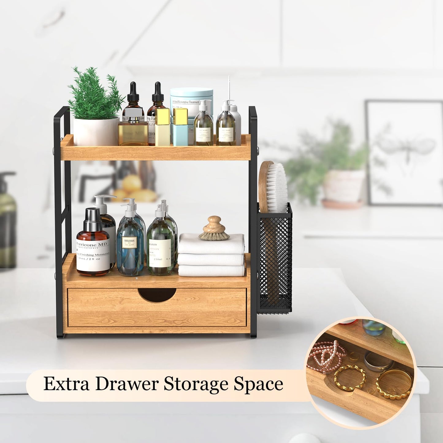 LEMIKKLE 2-Tier Bathroom Counter Organizer with Drawers and Baskets, Multi-Purpose Makeup Organizer Countertop, Large Skincare Organizers, Exquisite Vanity Organizer，Wood