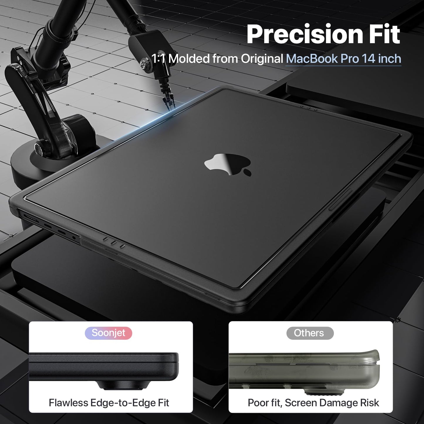 Soonjet CrackGuard for MacBook Pro 14 inch Case M5 M4 M3 M2 M1 Pro/Max 2026 2025-2021 [Anti-Crack Upgrade] [100% Match Official Color] Cover Protective Hard Shell Case Laptop - Space Black Clear