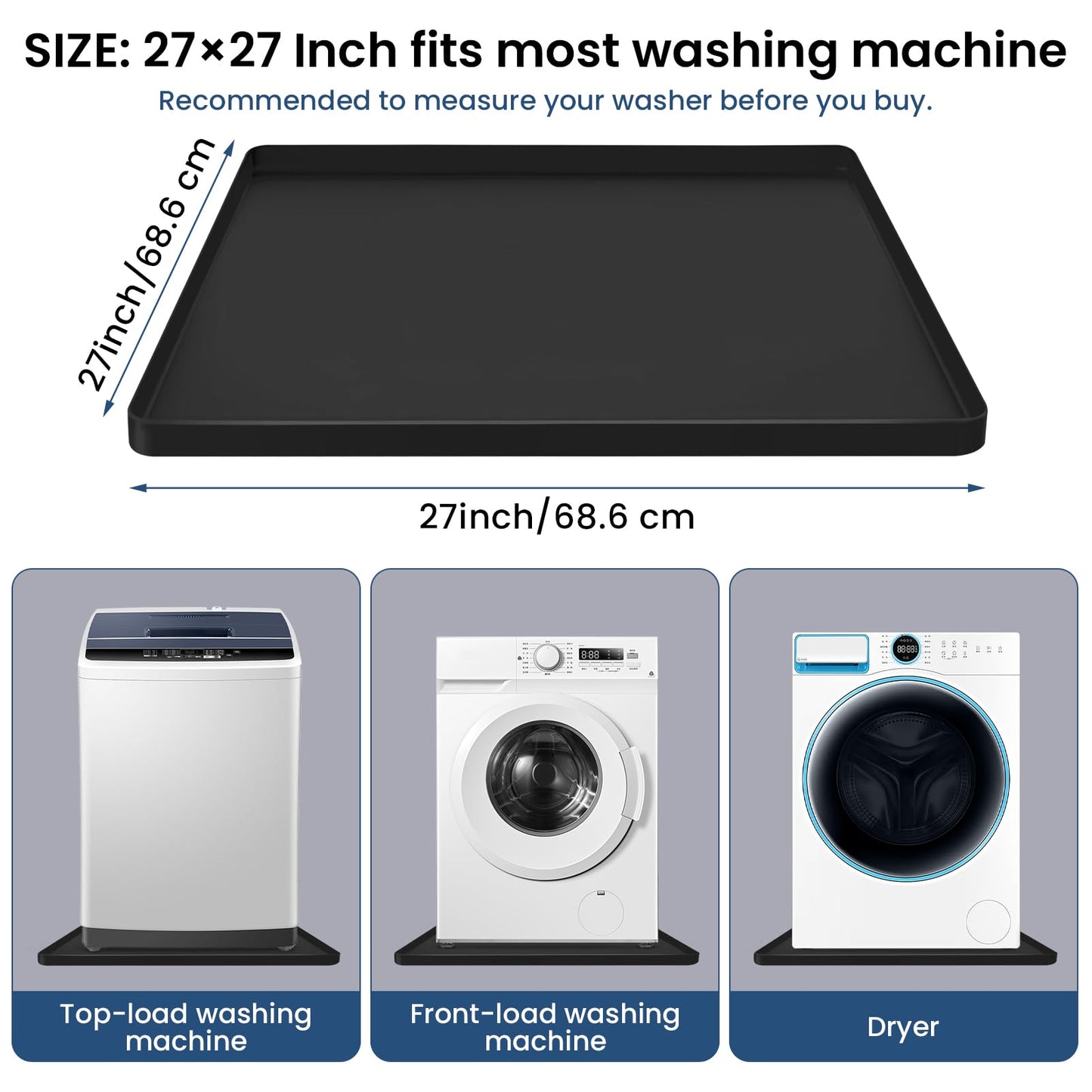 Silicone Washing Machine Pan - 68X68cm Washing Machine Tray with Raised Edge, Non-Slip Trays for Under Washer and Dryer, Washer Tray for Floor Protection (Black-1PC)
