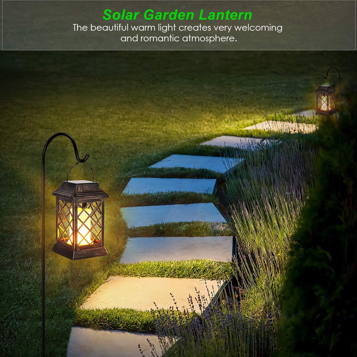 iRonrain Solar Lantern Lights Dancing Flame Waterproof Outdoor Hanging Lantern Solar Powered Umbrella LED Night Lights Dusk to Dawn Auto On/Off Landscape Decorative for Garden Patio Deck Yard Path 2 Pack (2Pcs Lantern)