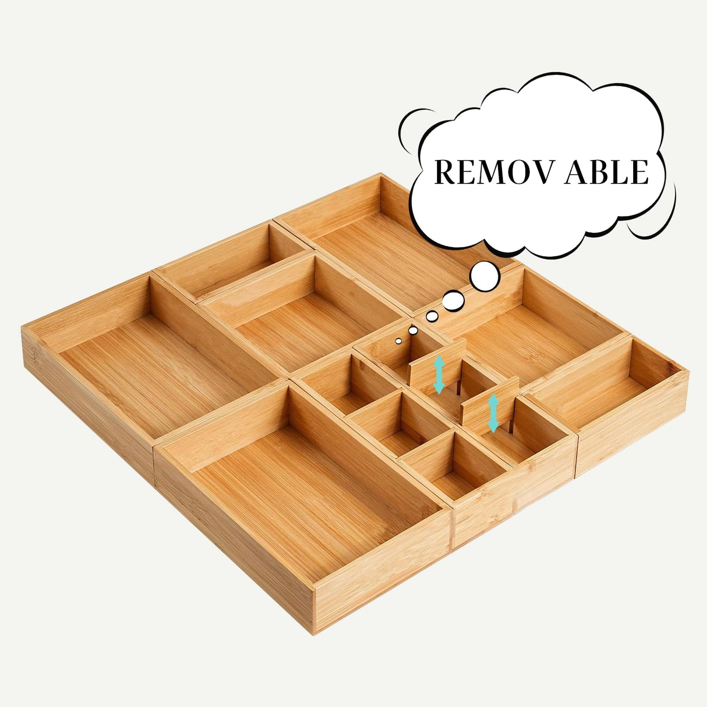 Drawer Organizer, Set of 9 Bamboo Wood Kitchen Makeup Desk Junk Tea Drawer Storage Boxes Bins for Cutlery Silverware Utensils Flatware, Small Wooden Container Tray for Bathroom, Office