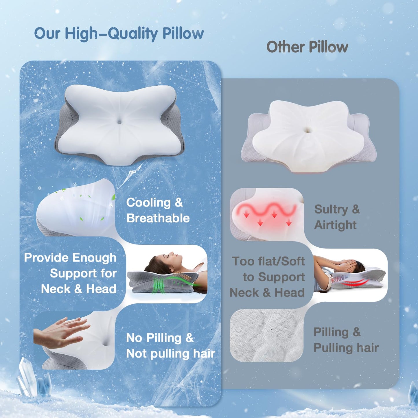 Vuteehy Cervical Pillow for Neck Pain Relief, Memory Foam Cooling Pillow Ergonomic Neck Support Pillows for Side, Back, Stomach Sleepers - Odorless & Breathable, Drak Grey