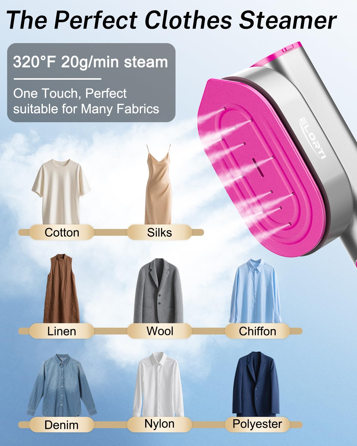 ELORTI Steamer Clothes, 1200W Travel Steamer with 10s Heat-Up, 2-in-1 Handheld Steam Iron ALL Fabrics, Compact Portable Garment Steamer for Travel and Home Use -Purple, 110-120V