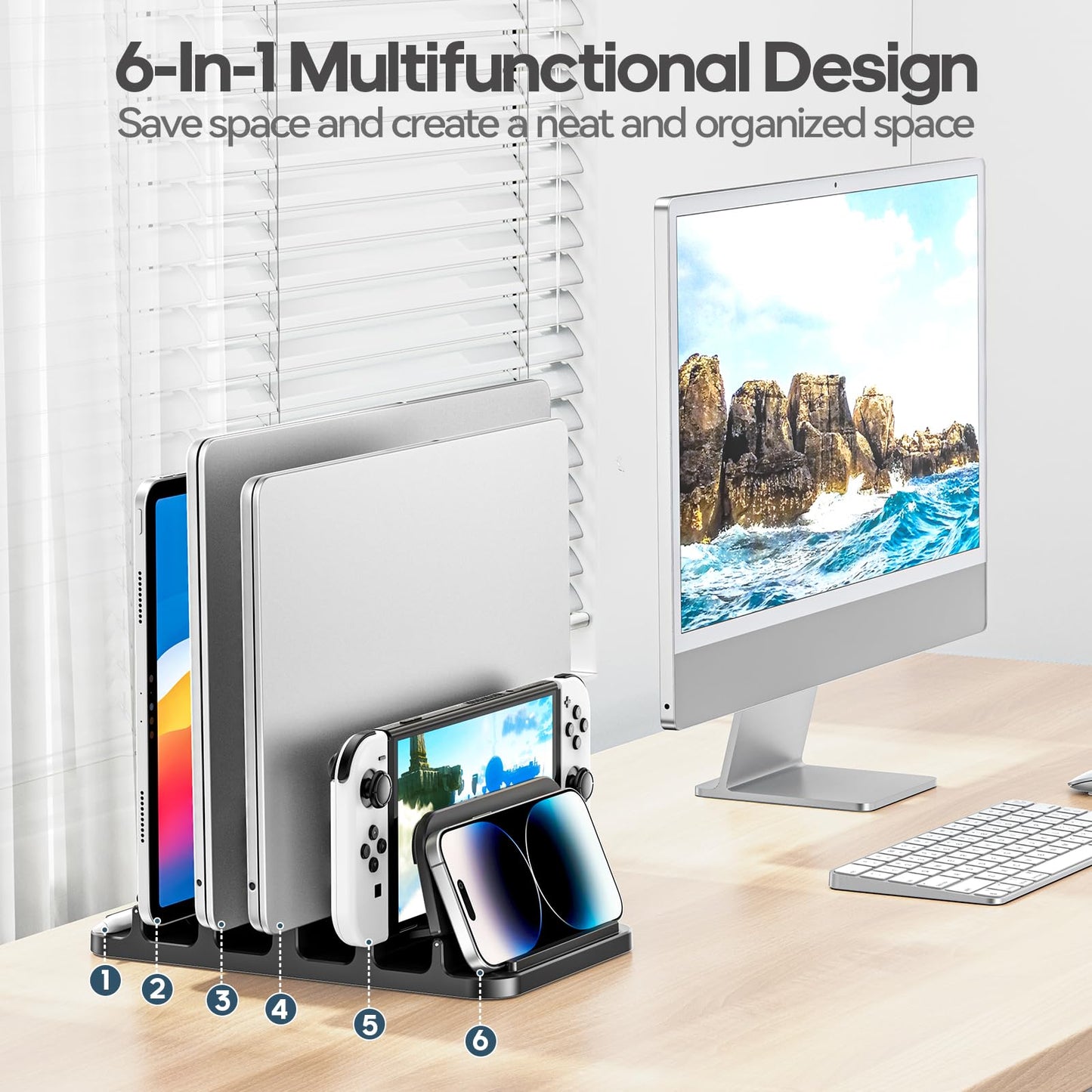 KDD 4-Slot Vertical Laptop Stand for Desk, 6-in-1 Design Laptop Mount Riser with Gravity Locking, Space-Saving Computer Organizer Dock Supports MacBook Pro Air, Mac, HP, Dell,Microsoft Surface, Lenovo