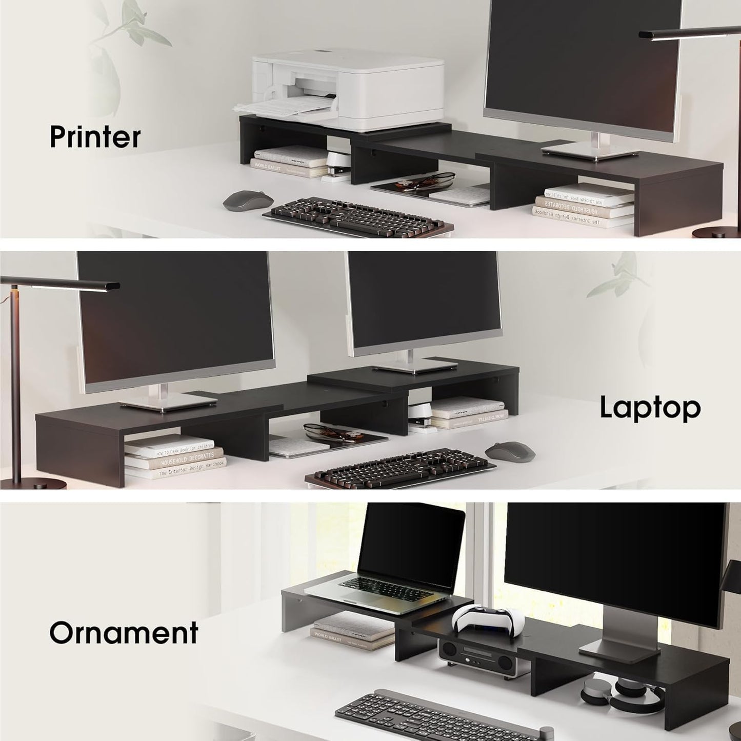 FITUEYES Dual Monitor Stand - 3 Shelf Computer Monitor Riser, Wood Desktop Stand with Adjustable Length and Angle, Desk Accessories, Office Supplies Medium Black,DT108001WB