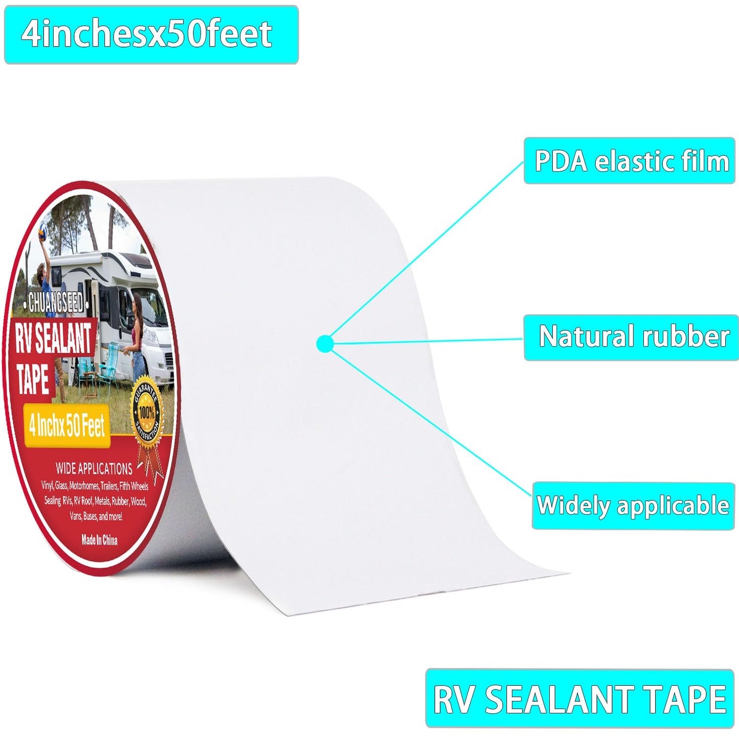 CHUANGSEED RV Roof Sealant Tape White, 4 Inch X 50 Foot Trailer Tape，UV-Resistant,Weatherproof Roof Seal Tape for RV Camper Trailer Boat Sealing Leak Repair Roofing Repair Tape