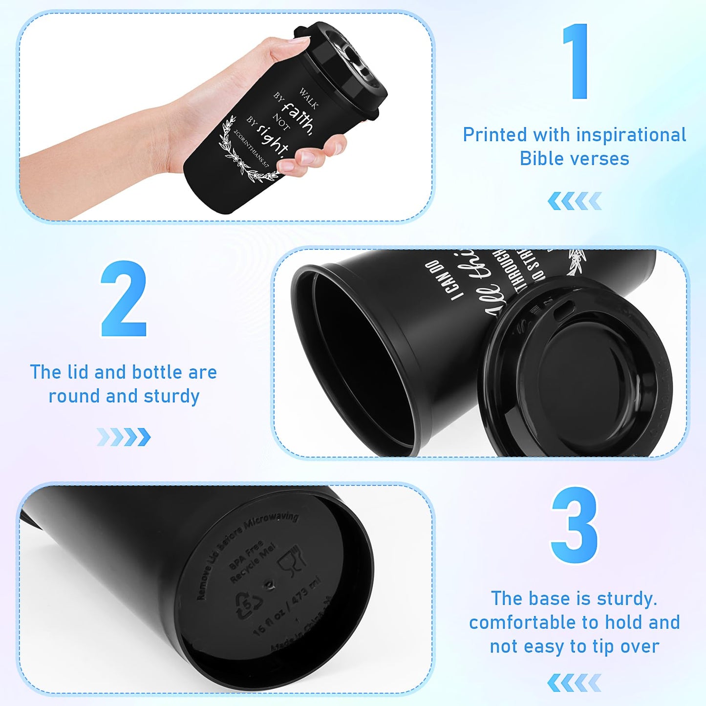 20 Pcs Reusable Christian Coffee Cups, 16 oz Bible Verse Plastic Tumblers with Lids, Religious Plastic Cups Bulk, Travel Coffee Mug Inspirational Christian Gifts for Men Women (Black)