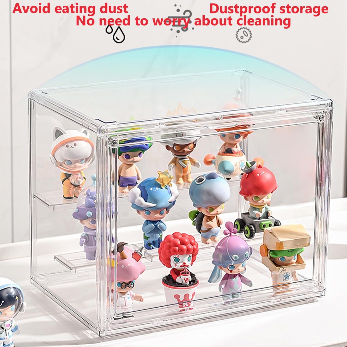 Clear Display Case for Figures, 3 Tier Adjustable Display Stand, Acrylic Display Box with Magnetic Door, Display case for Figures, Dustproof Showcase for Collectibles (2, Transparent-2 Pack)
