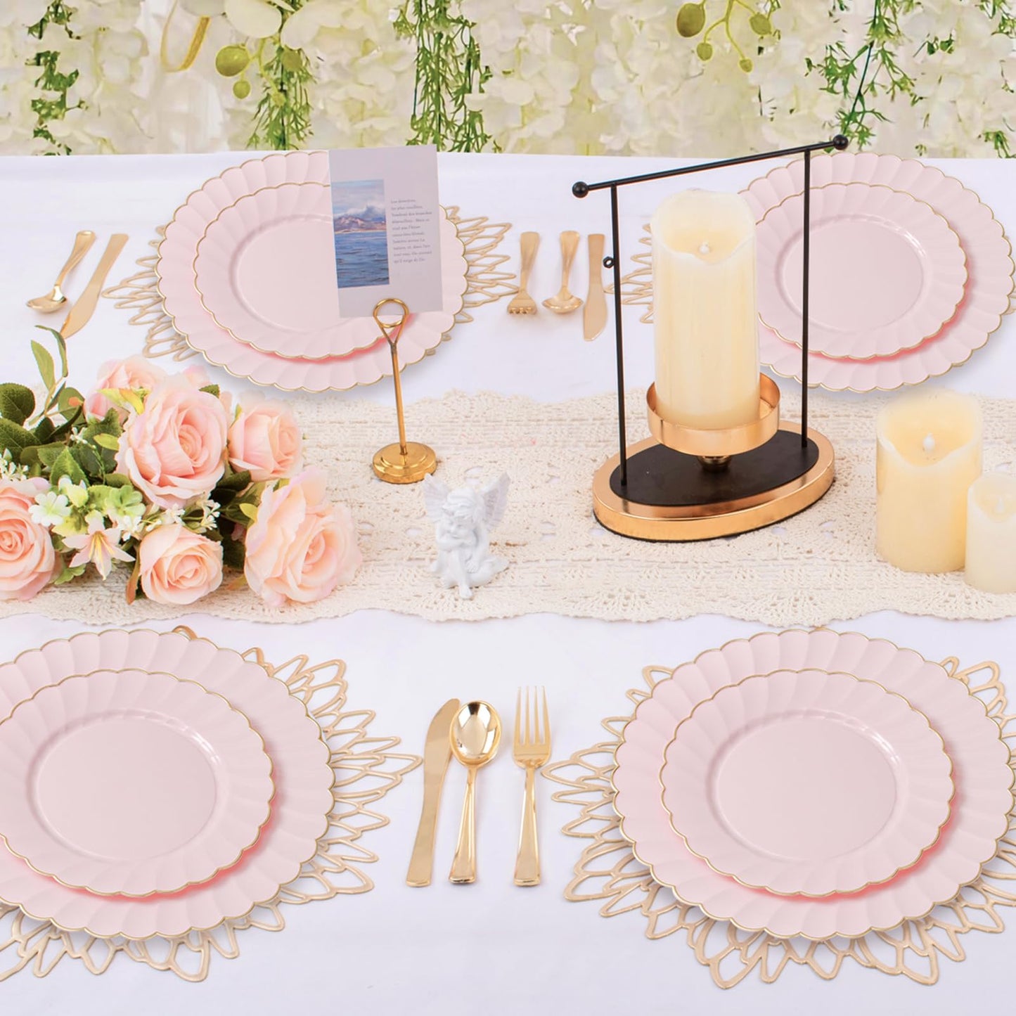 mwellewm 50 Pcs Pink Scalloped Plastic Plates Disposable Party Plates with Gold Rim 25pcs Fancy Decorative Dinner Plates 10" 25pcs Heavy Duty Dessert Plates 7.5" Perfect for Wedding Baby Shower