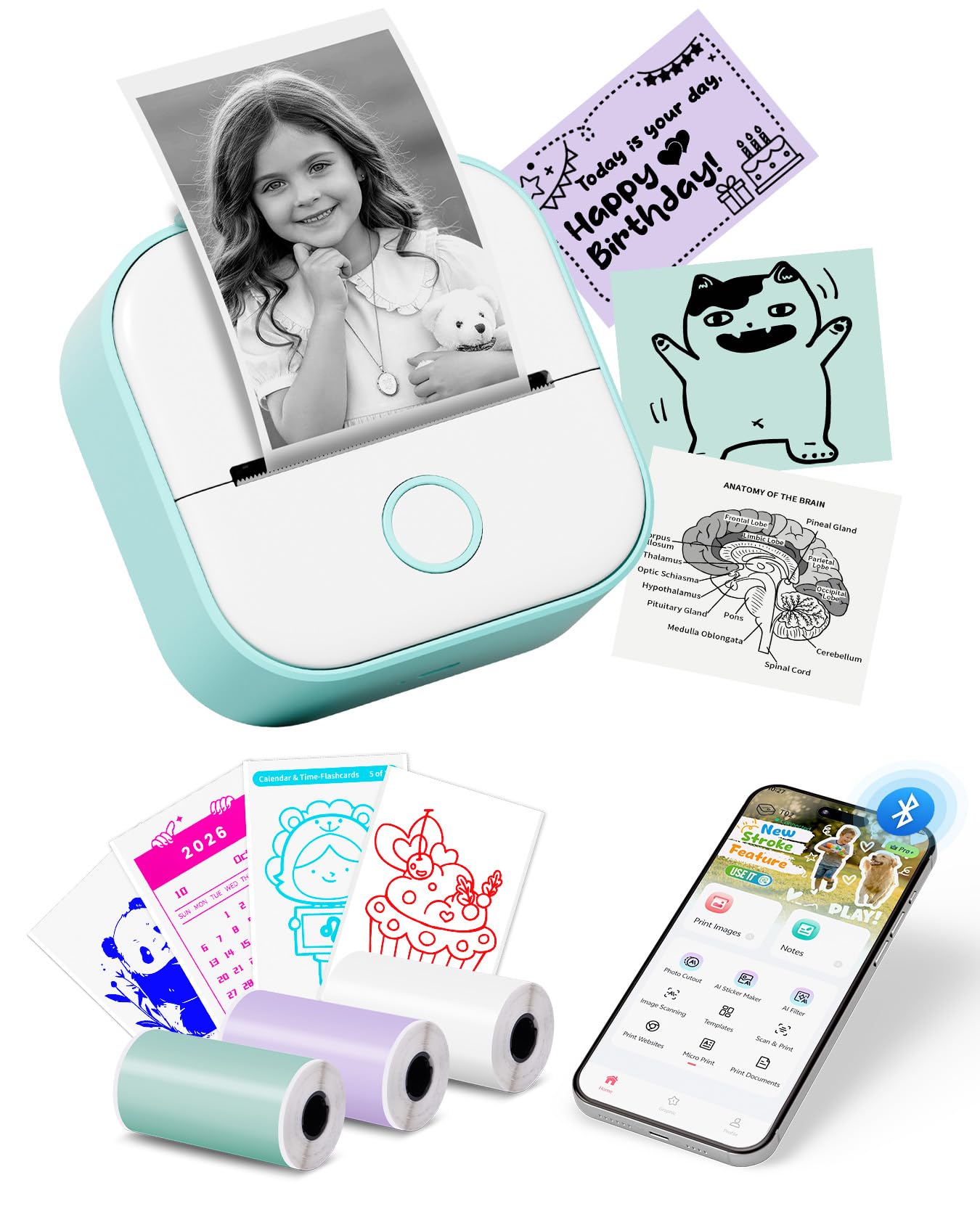 Memoking Mini Sticker Printer - T02 Portable Thermal Printer Inkless Photo Printer Bluetooth Sticker Maker for Kids Print Pods Instant Print, Smart AI APP, for Student Study Note, Journal, DIY, Gift
