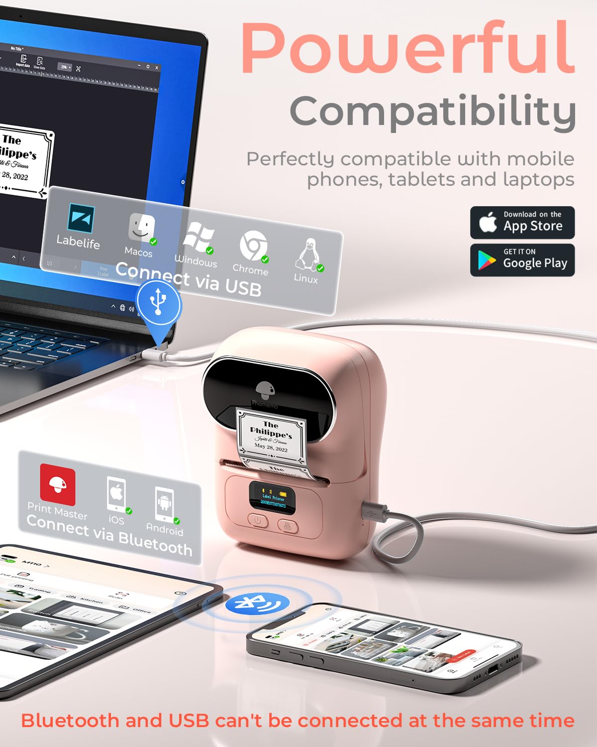Phomemo M110 Label Maker- Portable Mini Bluetooth Thermal Label Printer Apply to Labeling, Office, Cable, Retail, Barcode and More, Compatible with Android & iOS System, with 1 40×30mm Label, Pink