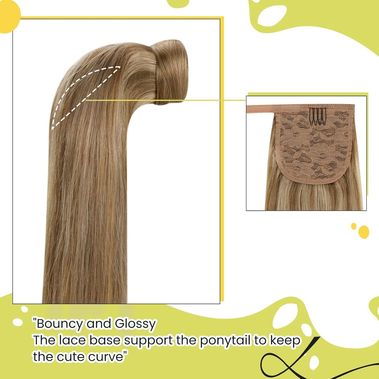 RUNATURE Human Hair Ponytail Clip in Extensions 12 Inch Straight Hair Wrap Around Ponytail Extensions Light Brown Highlighted Blonde Ponytails Remy Hair Extensions for Women 70g