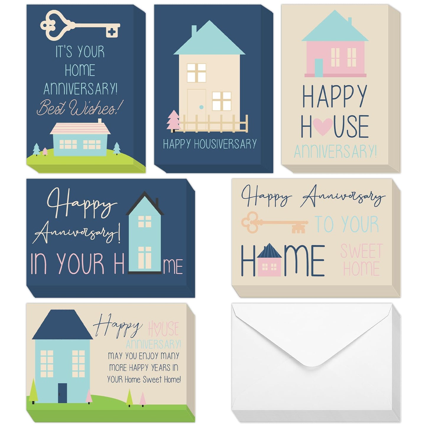 Motiskyy 48 Pcs Happy Home Anniversary Cards with Envelopes Bulk Blank Welcome House Cards Real Estate Thank You Notes Housewarming Gifts for Clients Neighbors, 4 x 6 in(Pastel)