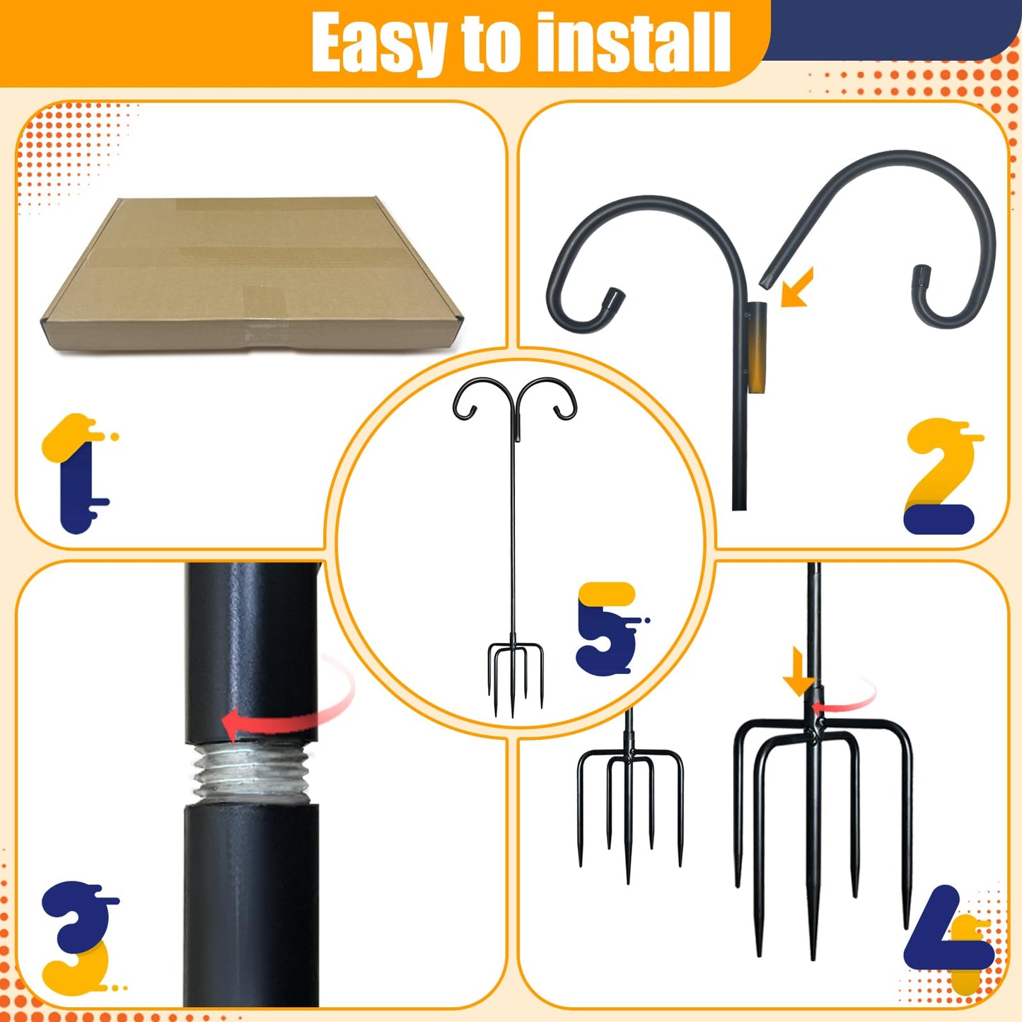Heavy Double Shepherds Hook for Outdoor:60 Inches Garden Bird Feeder Pole with 5 Prongs, Adjustable Metal Bird Feeder Stand for Plant Solar Lights, poteau Pour Mangeoire Oiseaux (1, 60Inches)