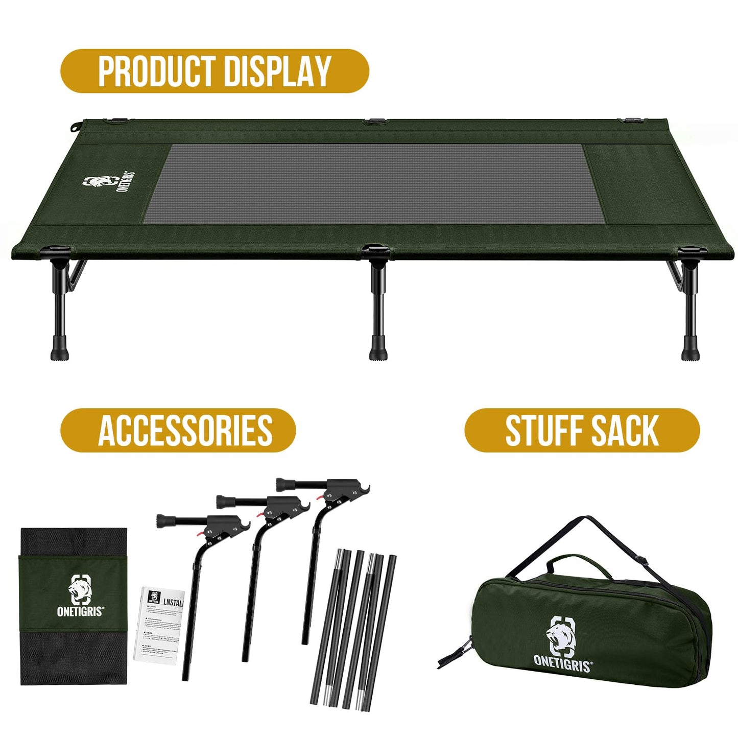 OneTigris Elevated Dog Bed, Outdoor Dog Cod Large Raised Dog Bed with Chew Proof Mesh, No-Slip Portable Dog Cot for Indoor & Outdoor Portable (Olive, Medium)