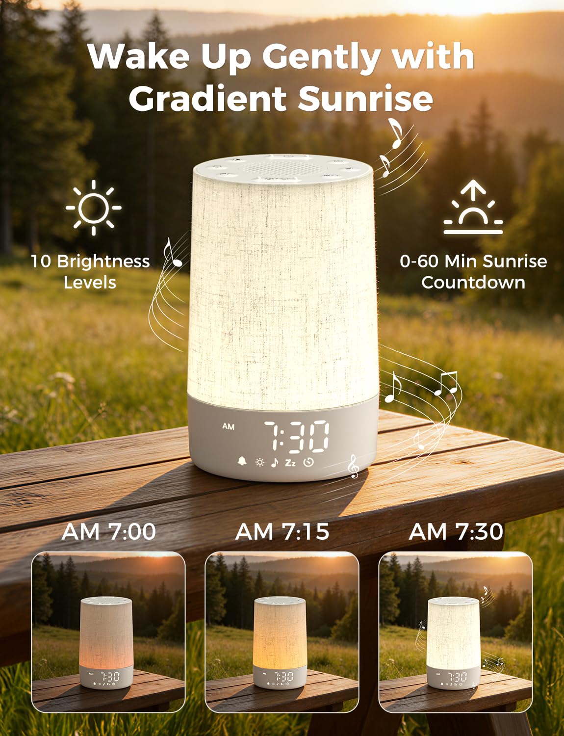 LIORQUE Sunrise Alarm Clock Wake Up Light 30 Soothing Sounds & White Noise, Digital Alarm Clock with Mains Powered for Bedroom, Adjustable 10 Brightness Levels & Night Light for Kids Adults