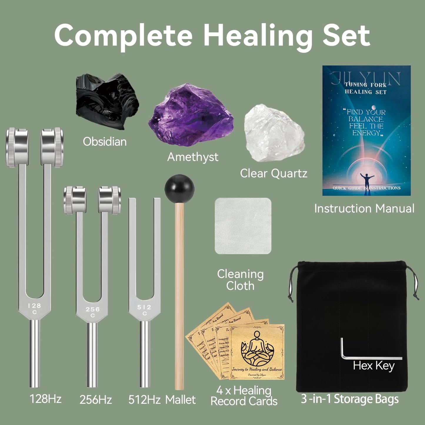 Sound Healing Tuning Fork Set – 128Hz, 256Hz, 512Hz for Chakra Balancing, Meditation & Yoga with Crystals (Obsidian, Amethyst, Clear Quartz) – Complete Kit with Mallet, Storage Pouches & Gift Box