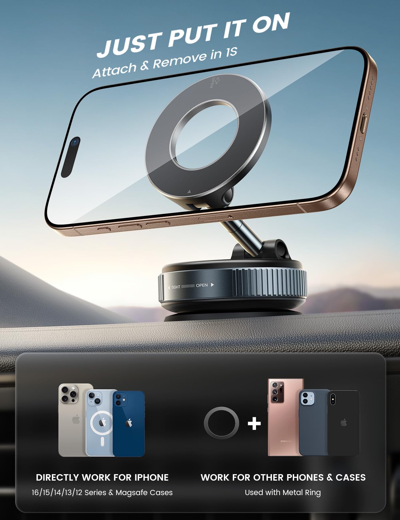 Lamicall for Magsafe Car Mount, [Bumpy Road Stable] Phone Mount for Car, 360° Adjustable Suction Cup Phone Mount Dashboard Windshield Vacuum Phone Holder in-Dash DVD & Video Receivers Gifts for Men