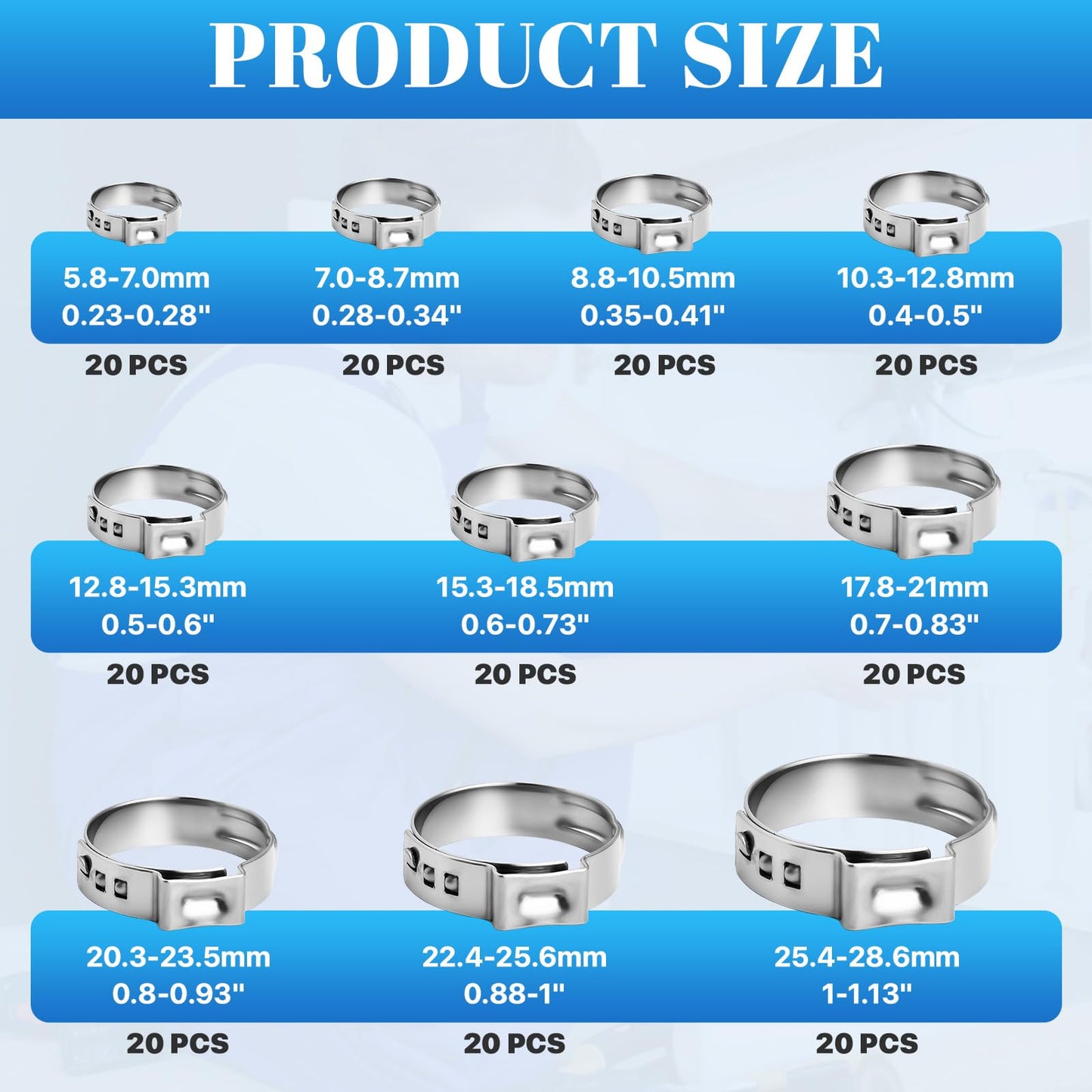 Supkiir 200 Pcs Single Ear Hose Clamps 5.8-28.6mm, 304 Stainless Steel Stepless Hose Clamp Clips, Pincer Cinch Rings Pex Crimp Rings Assortment Kit for Water Pipe, Plumbing, Automotive