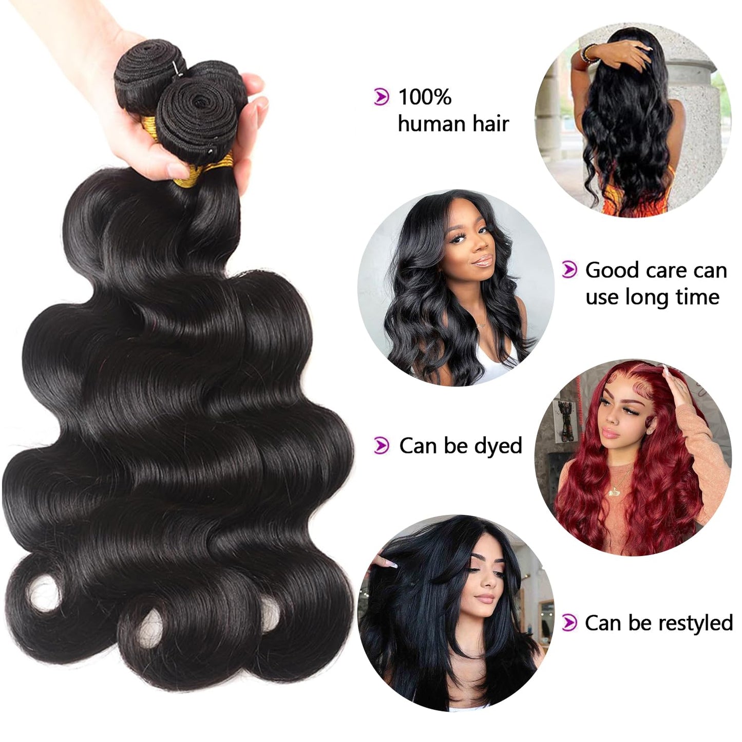Datanala Brazilian Virgin Body Wave Human Hair 3 Bundles 100% Unprocessed Virgin Body Wave human hair bundles weave human hair Long Inch Extension Natural Black Color for Women (12 14 16Inch/NEW, Body Wave Bundles)