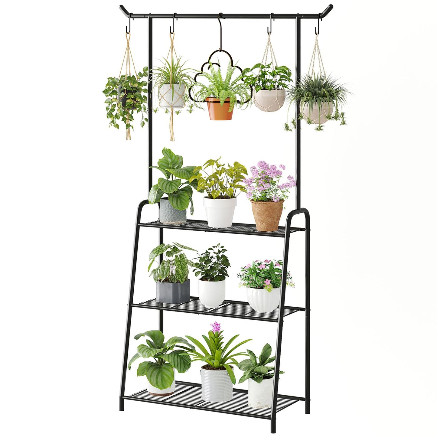 Metal Plant Stand Indoor Outdoor, 3 Tier Tall Corner Plant Shelf, Hanging Flower Ladder for Living Room, Balcony, Garden, Patio (Black)