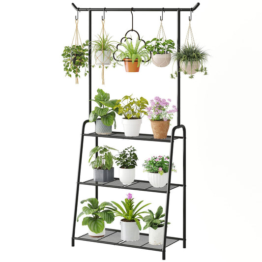 Metal Plant Stand Indoor Outdoor, 3 Tier Tall Corner Plant Shelf, Hanging Flower Ladder for Living Room, Balcony, Garden, Patio (Black)