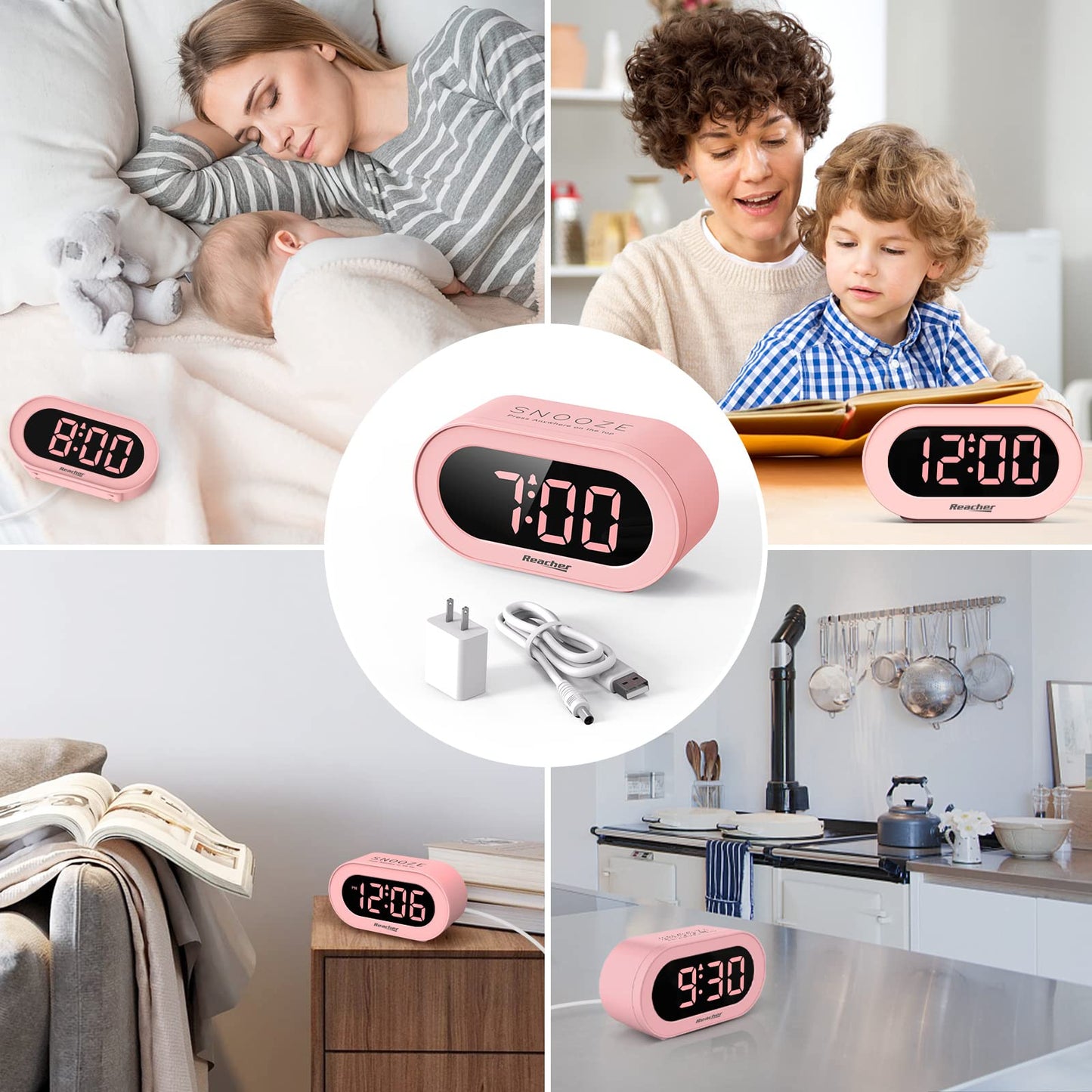 REACHER Pink Girls Alarm Clock for Kids Bedroom, Dimmable LED Digital Display, Outlet Powered, Adjustable Volume, Simple to Use, Snooze, Small Size for Bedside, Desk, Toddler
