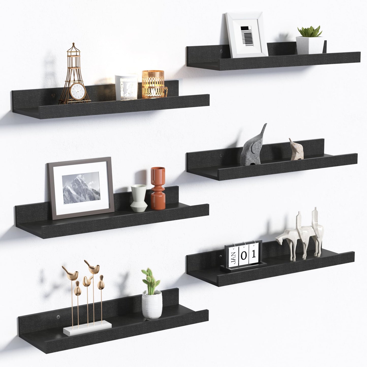 upsimples Floating Shelves for Wall, Decor Storage Set of 6, Wall Mounted Wood Shelves for Bedroom, Living Room, Bathroom, Kitchen, Picture Ledge Shelves, Black
