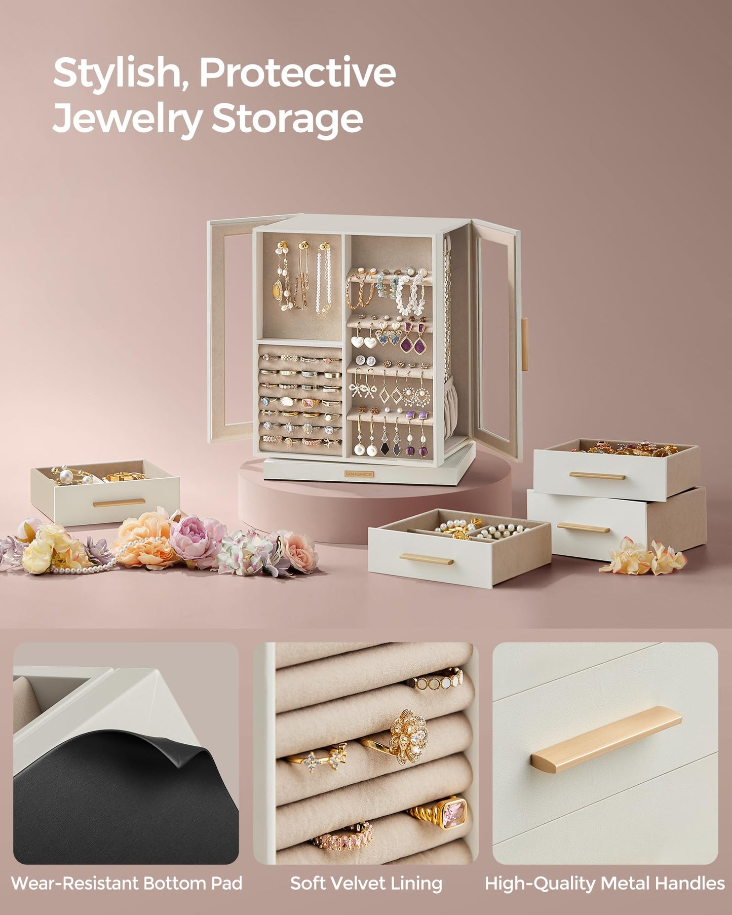 SONGMICS GISELLA Collection - Jewelry Box Organizer 360° Rotating, Large Vertical Jewelry Storage Case with 5 Drawers, Shiny Metal Hardware, Glass Window, Gift Idea, Cloud White UJBC170W01