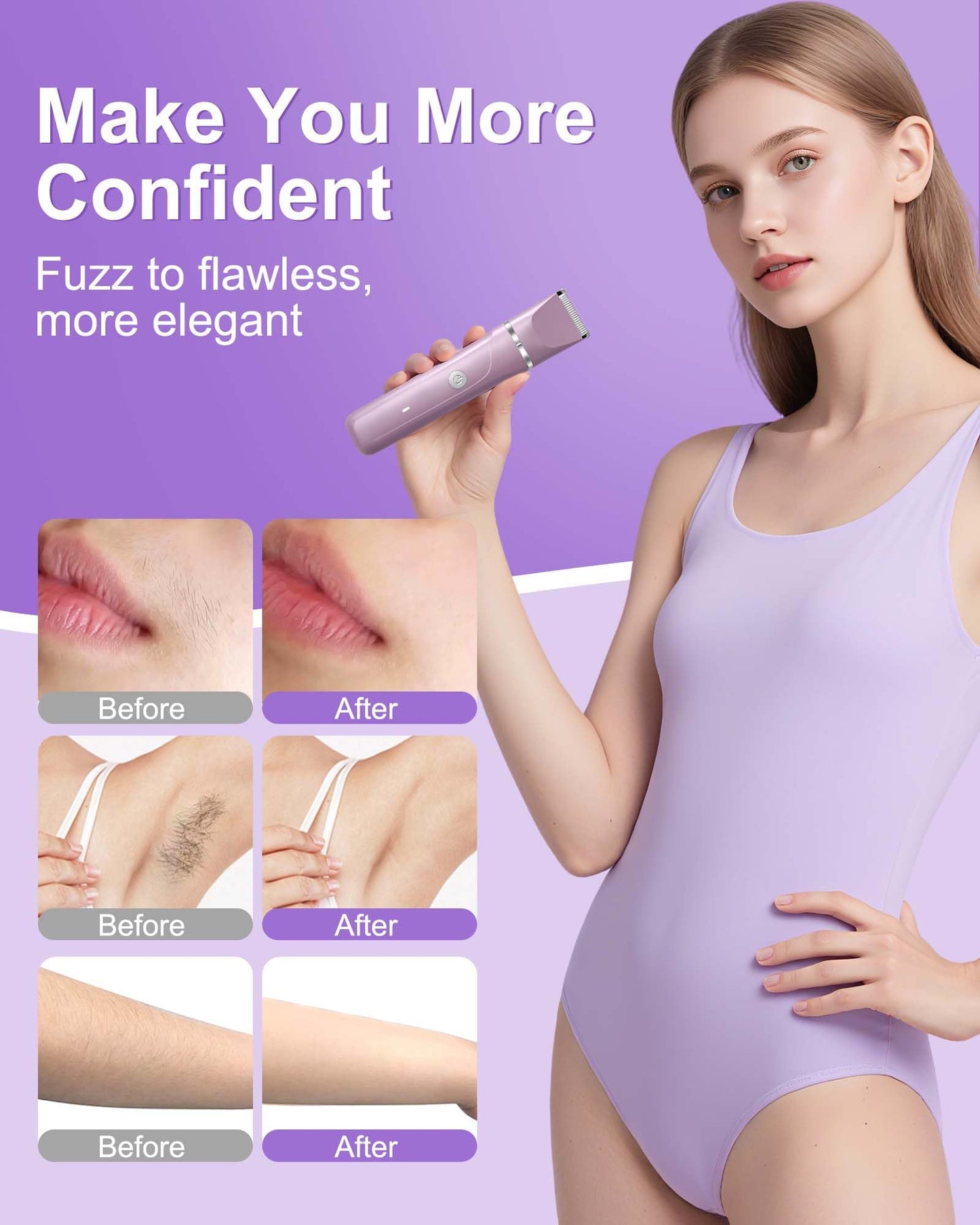 Bikini Trimmer Women,2 in 1 Painless Electric Razor and Facial Hair Remover, Body Groomer IPX7 Waterproof Wet/Dry Cordless Electric Shaver for Face Body Leg Bikini Underarm Arm（Lavender Purple）