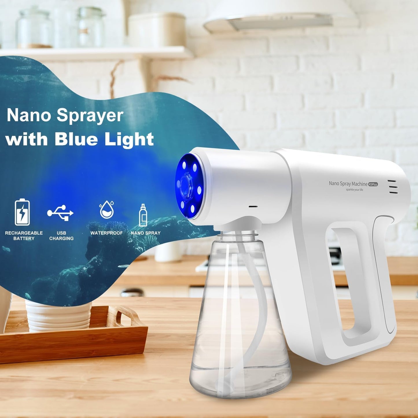 S OUJCEN ULV Electrostatic Fogger with Blue Light Technology | 380ml Rechargeable Nano Mister for Multi-Surface Care | Handheld Portable Atomizer (K5 Plus)