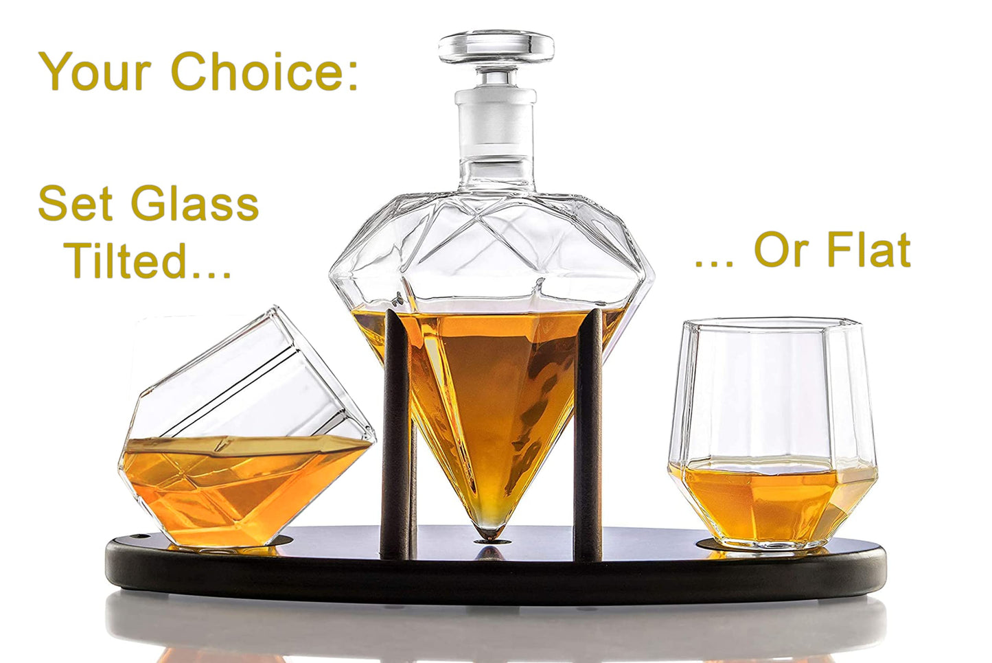 RUGLUSH Diamond Whiskey Decanter With 2 Diamond Glasses & Mahogany Wooden Holder ââ‚¬â€œ Elegant Handcrafted Crafted Glass Decanter For Liquor Scotch Rum Bourbon Vodka Tequila ââ‚¬â€œ Great Gift Idea ââ‚¬â€œ 750ml