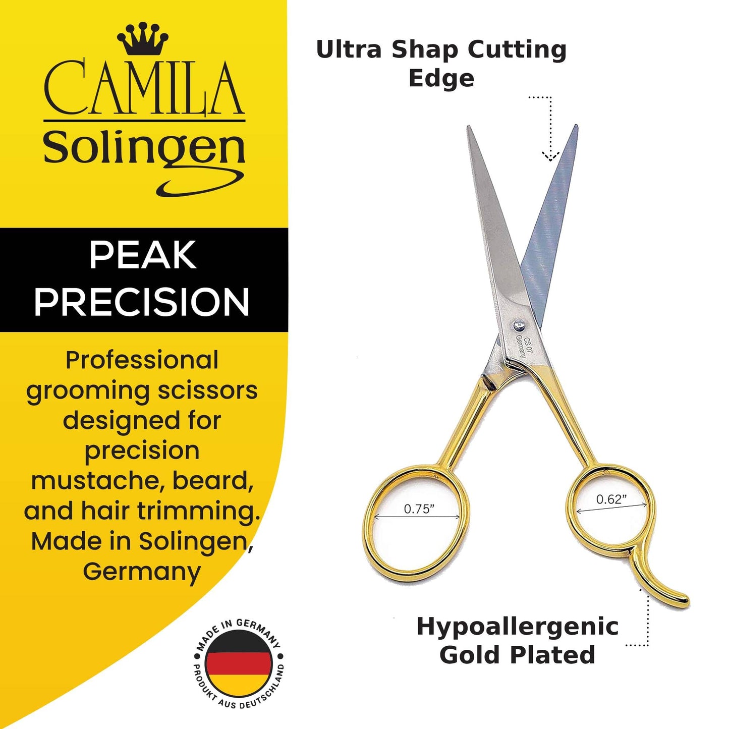 Camila Solingen CS07 5" Professional Sharp Barber Shears. Hypoallergenic Gold Plated Hair Cutting Scissors. For Men, Women and Kids Grooming. Made of Durable Stainless Steel in Solingen, Germany