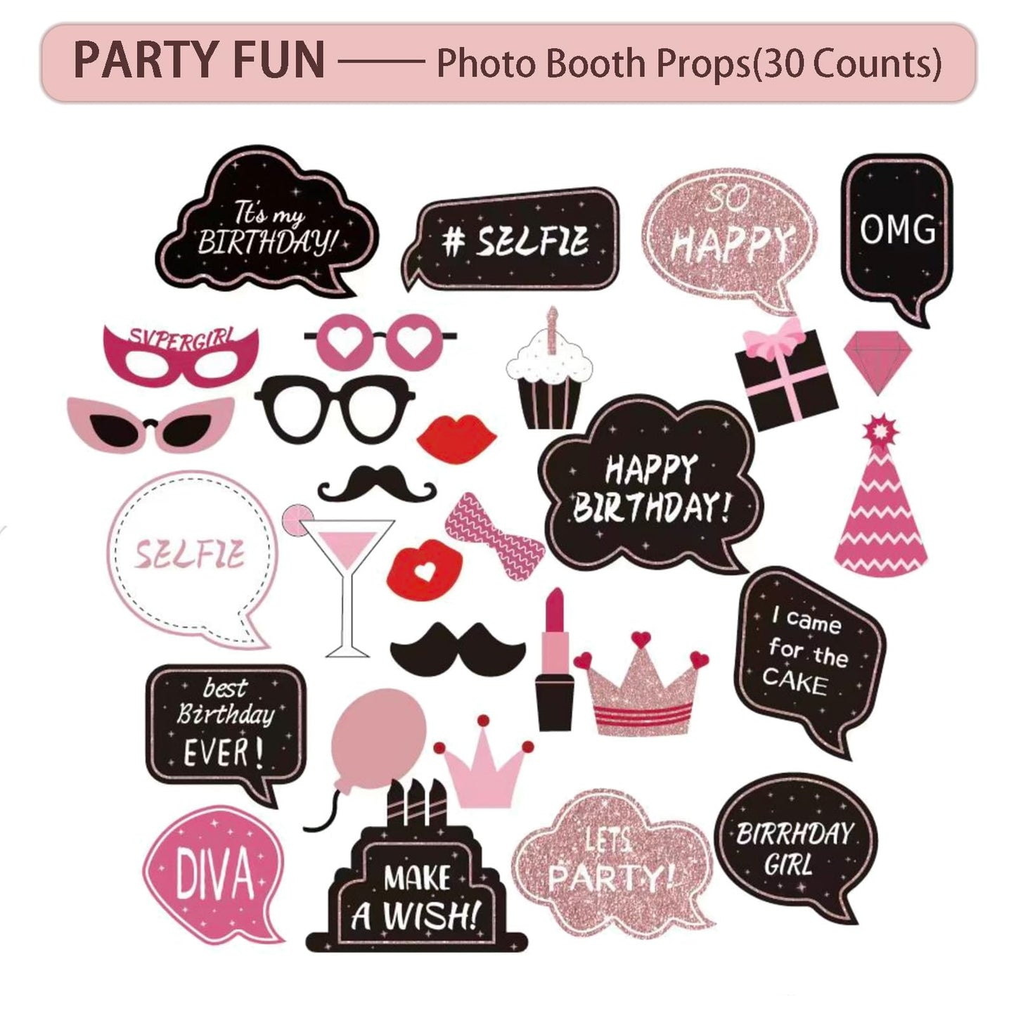 Birthday Decorations For Women, 229 Pcs Rose Gold and Black Happy Birthday Supplies - Disposable Dinnerware Set with 25 Guest, Balloons, Sash, Tiara, Banner, Fringe Curtain, Photo Booth Props