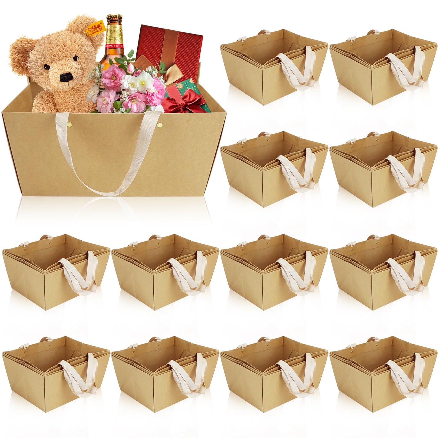 48 Pack Basket for Gifts Empty DIY Bulk Paper Gift Basket with Handles 9.8" x 12.6" x 5.9" Kraft Cardboard Tray for Christmas Graduation Birthday Wedding Party Valentines (Brown)