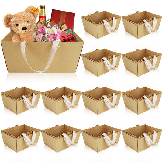 48 Pack Basket for Gifts Empty DIY Bulk Paper Gift Basket with Handles 9.8" x 12.6" x 5.9" Kraft Cardboard Tray for Christmas Graduation Birthday Wedding Party Valentines (Brown)