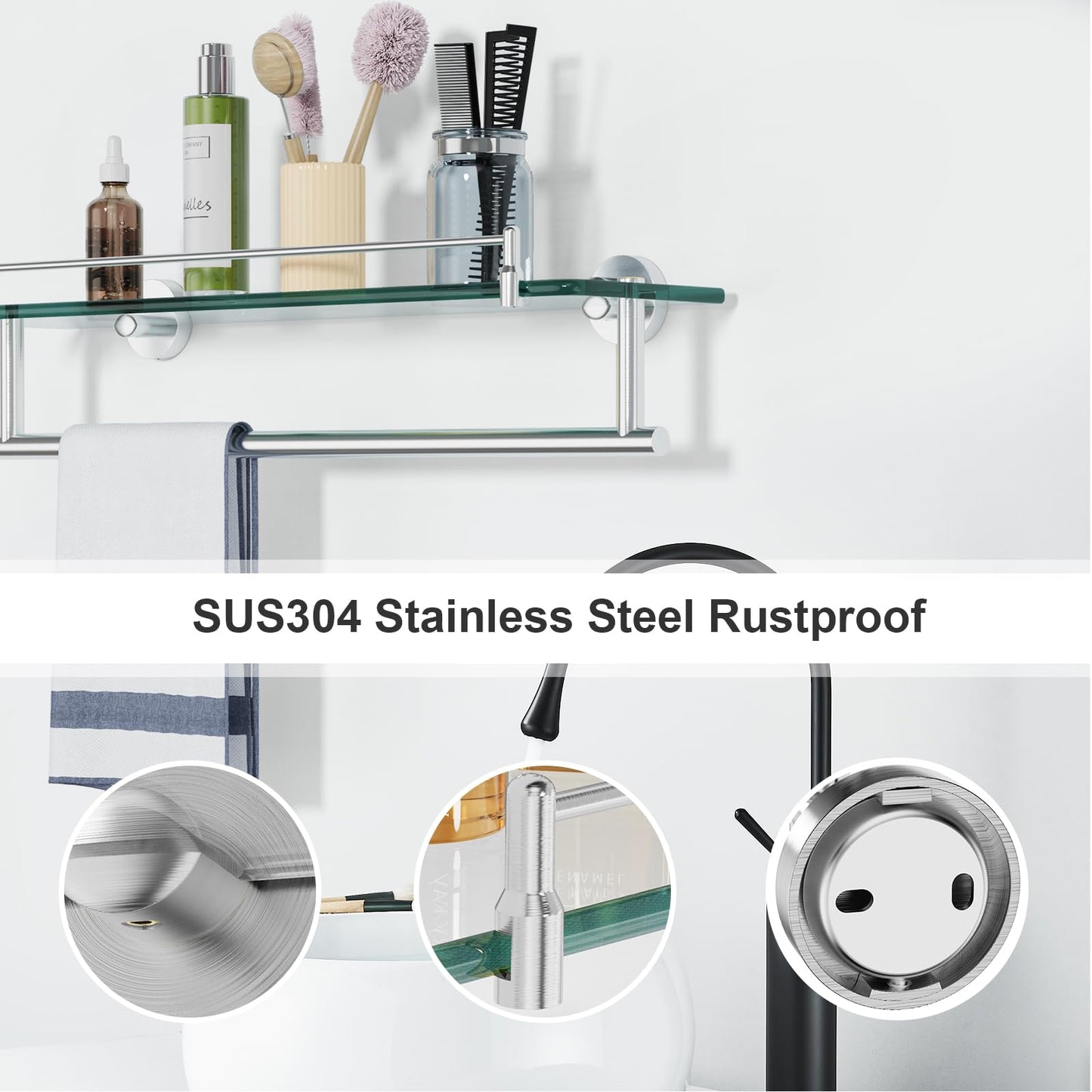 KOCOK 20" Tempered Glass Bathroom Shelf with Towel Bar, Brushed Nickel and Stainless Steel, Rustproof Tower Stand with Shelves