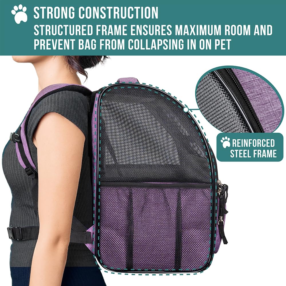 PetAmi Dog Backpack Carrier for Small Large Cat, Puppy - Ventilated Hiking Travel Bag, Airline Approved, Camping Biking Up to 18lbs - Purple