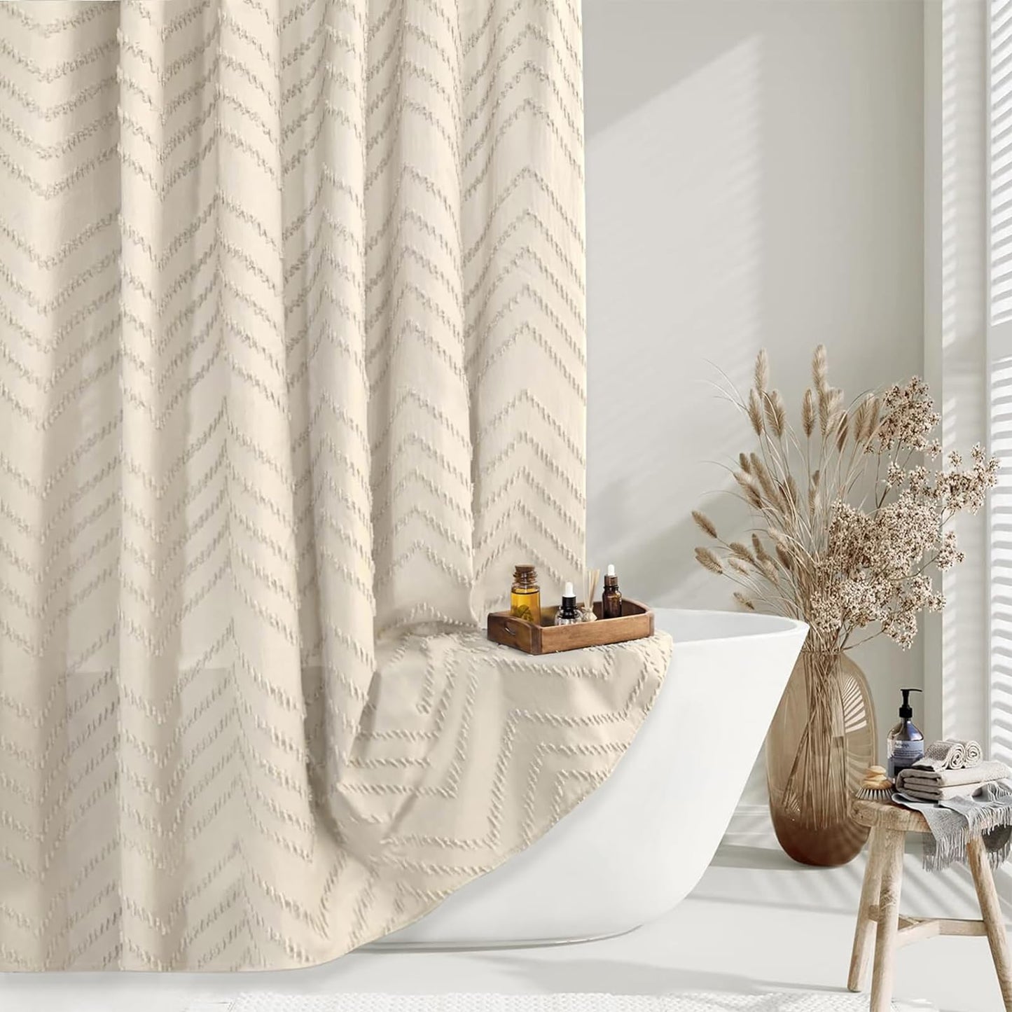 84inch Extra Long Beige Shower Curtain Modern Farmhouse Shower Curtain Bohemian Chic Tufted Chevron Textured Striped Minimalist Shower Curtain Woven Fabric Cute Beige Shower Curtain