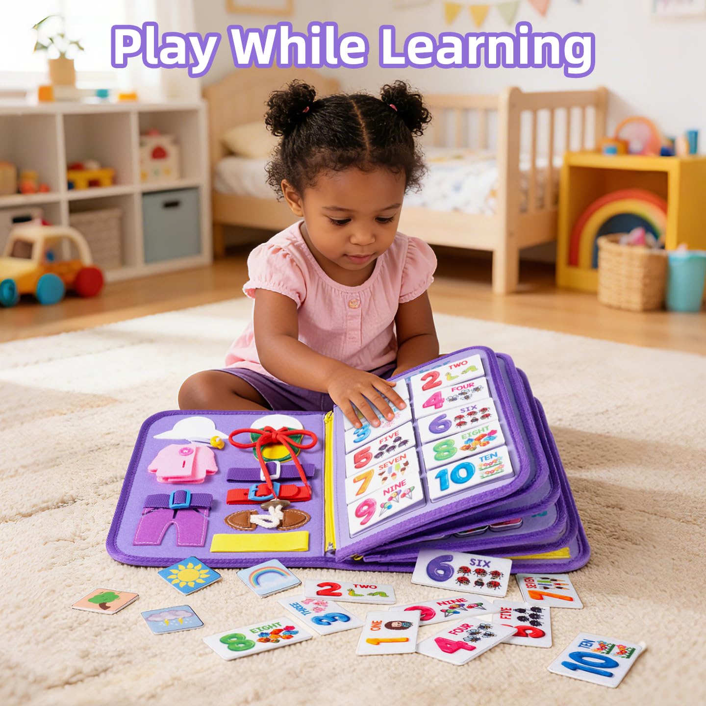 Toddler Busy Board Montessori Toys, 12-Page Busy Book, Quiet Educational Activity Book, 24 in 1 Learning Sensory Toys for Motor Skills, Travel Toy for Car Airplane, Girl Birthday Gift (Mermaid)