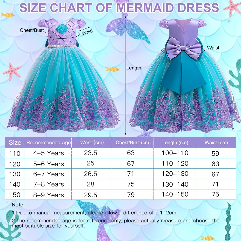 Mermaid Princess Costumes for Girls, Princess Dress Up with Accessories for Birthday Party Halloween Carnival Cosplay (110)