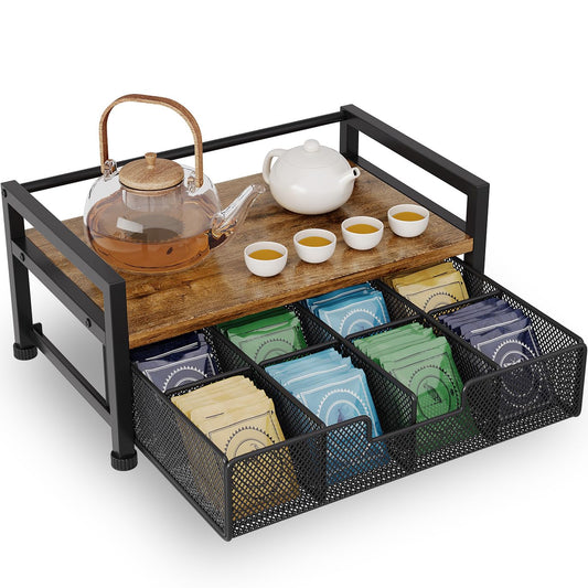 Metal Tea Bag Box Organizer Storage, Tea Bag Holder Organizer Caddy with Drawer,Tea Station Chest Container Accessories,Black (2 Tier)