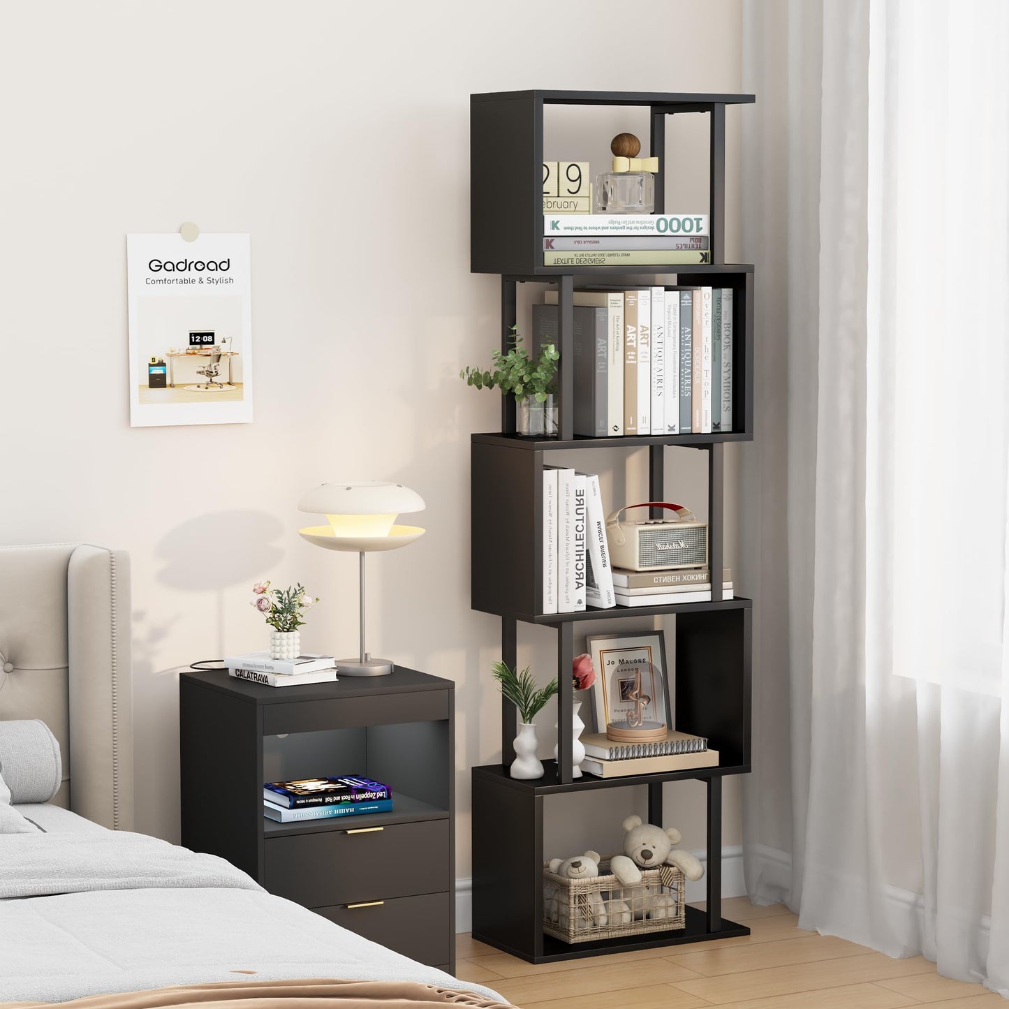 Gadroad 5-Tier Bookshelf, Narrow S-Shaped Geometric Bookcase,Modern Freestanding Display Shelves, Book Shelf Unit for Living Room Bedroom Home Office, Black