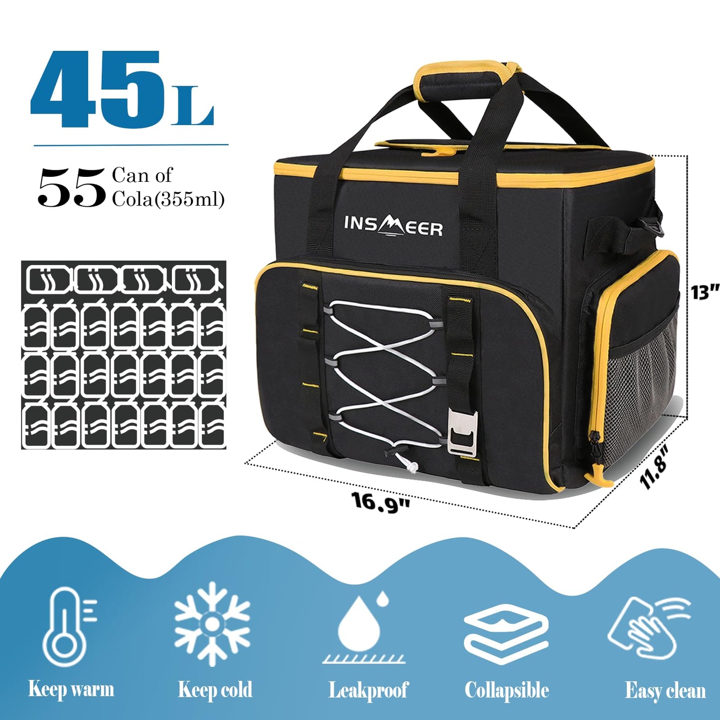 INSMEER 55 Cans/45L Large Soft Side Cooler with Hard-Bottom 100% Leak-Proof/Portable/Insulated/Collapsible Lunch Cooler Bag/glaciere for Camping,Beach,Picnic,Grocery Shopping,Road Trip