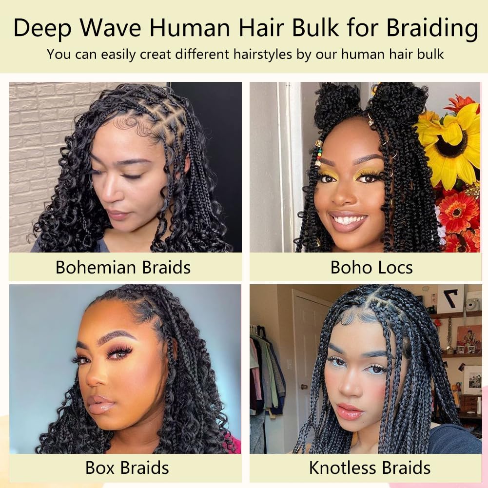 Human Braiding Hair 2 Bundle 100g 20 Inch Deep Wave Bulk Human Hair for Braiding No Weft Brazilian Virgin Curly Human Hair Extensions for Boho Braids Wet and Wavy Human Hair Braiding Hair