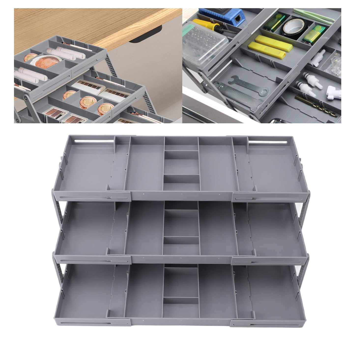 3 Tier Drawer Organizer, Expandable Junk Multi Level Folding Smart Drawer Organizer for Makeup, Jewelry, Desk, Office Drawers (3 Tier)