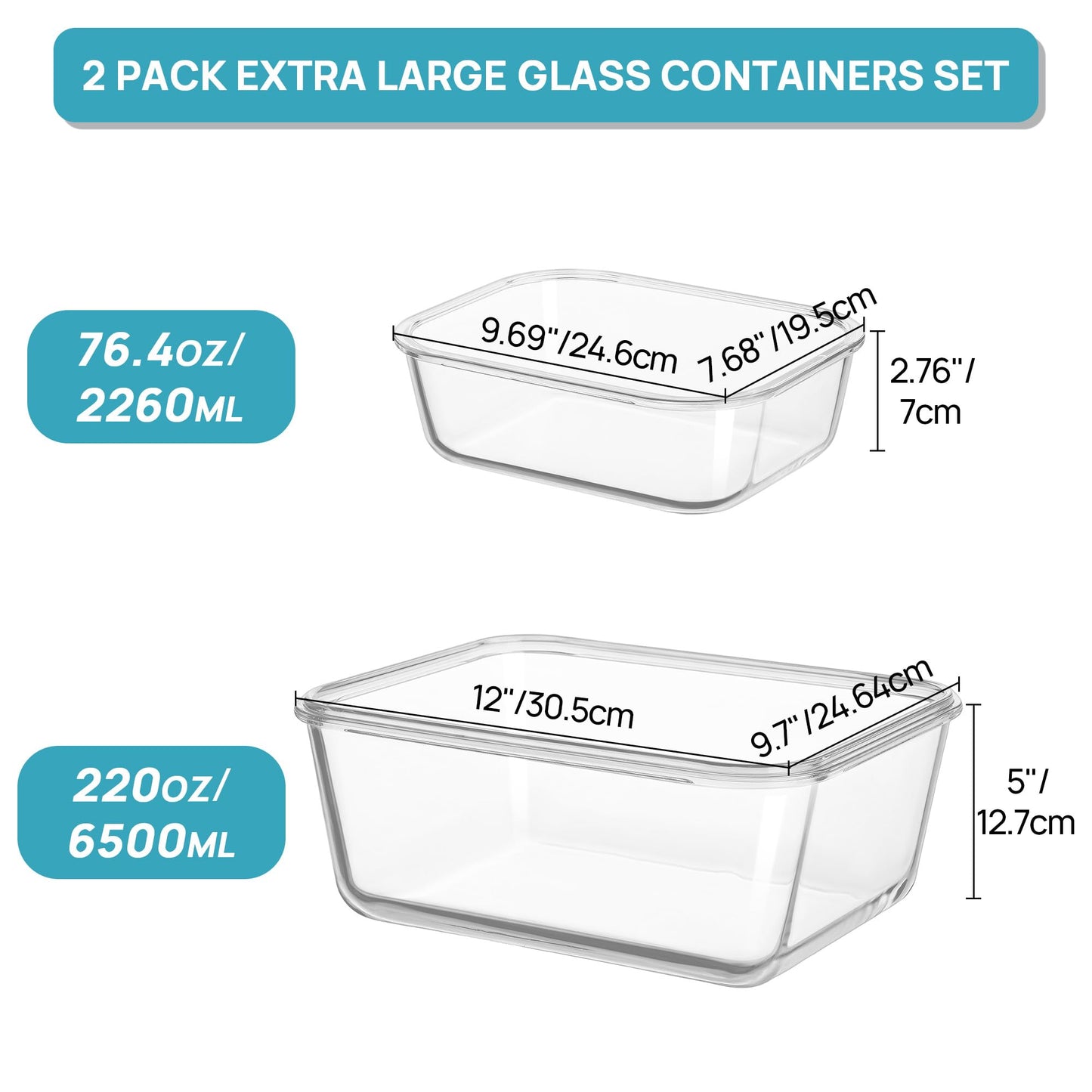 Vtopmart 220oz + 76.4oz Extra Large Glass Storage Containers Set, Meal Prep Food Container Sets with Snap Airtight Lids for Roasting Turkey, Rotisserie Chicken, Baking, Watermelon Storage, BPA Free