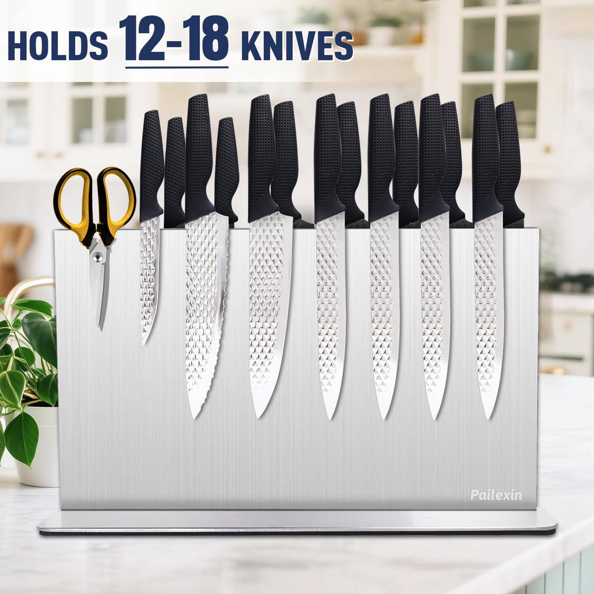 Pailexin Magnetic Knife Block Without Knives— Stainless Steel Double-Sided Magnetic Knife Holder Stand with Strong Magnets, Knife Storage Organizer for Kitchen Counter top, 16 inch