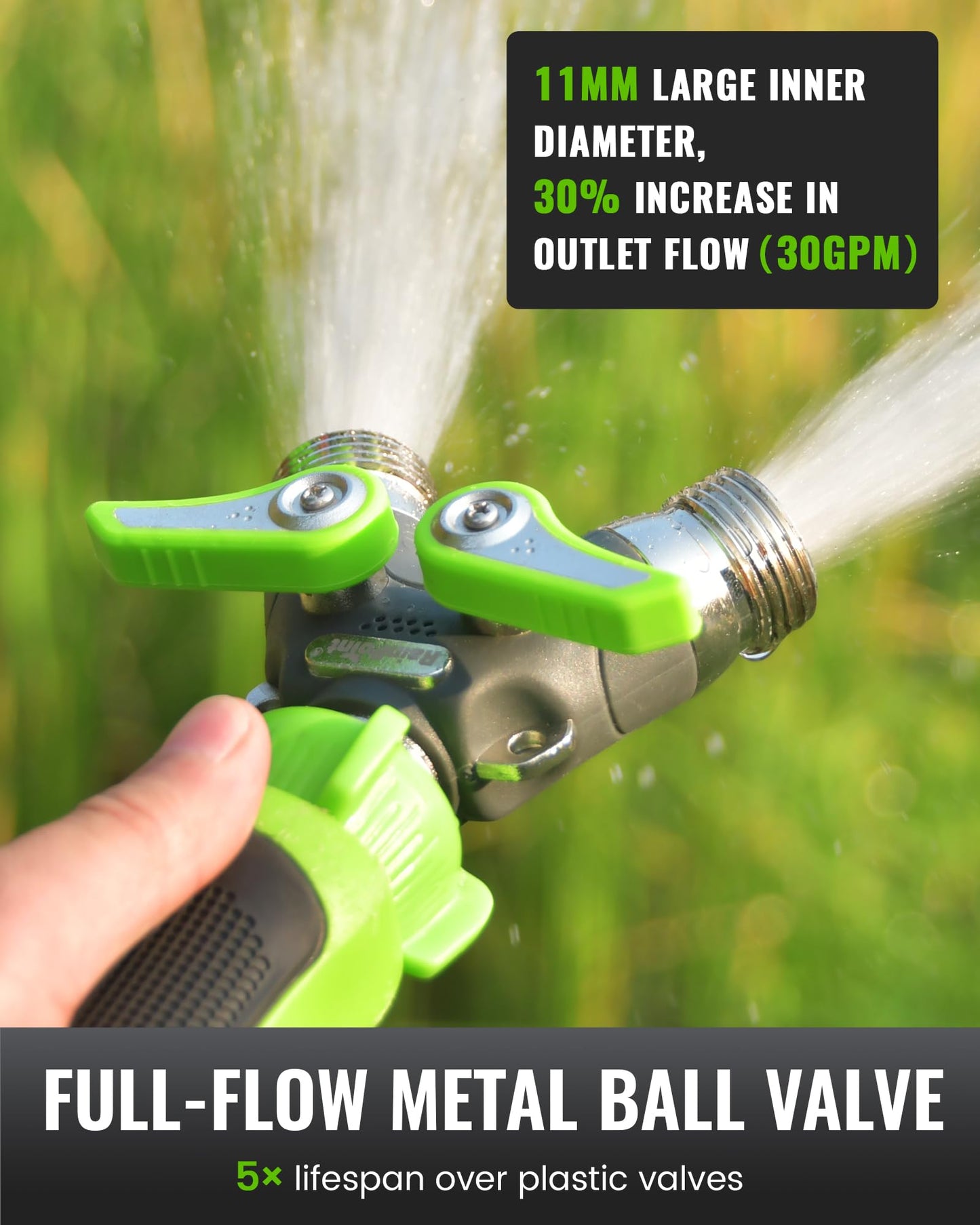 RAINPOINT Garden Hose Splitter, Heavy Duty Outdoor Faucet and Water Hose Splitter, All-Metal Water Hose Connector with Shut-Off Valve, 3/4" GHT Thread(Green)